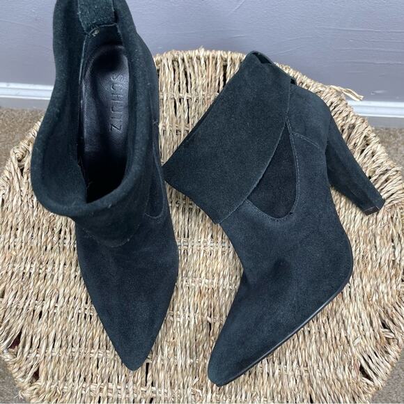 SCHUTZ Slouchy Booties Womens Size 8 Black Suede Heeled Boots Staple Classy Chic - Picture 4 of 10